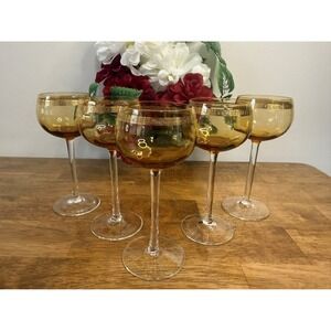 Amber Gold Rim Vintage Wine Glasses Set Mid Century Barware‎ Holiday Stemware